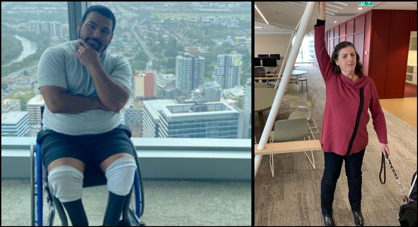 2 pictures side-by-side. Picture to the left is of a person sitting on a wheelchair at their workplace with arms crossed and one hand on the chin. The picture to the right is of a person standing in the office and reaching upward to check distance to overhanging obstructions impacting their access to their seat. The person also has a service animal beside them due to their low vision.